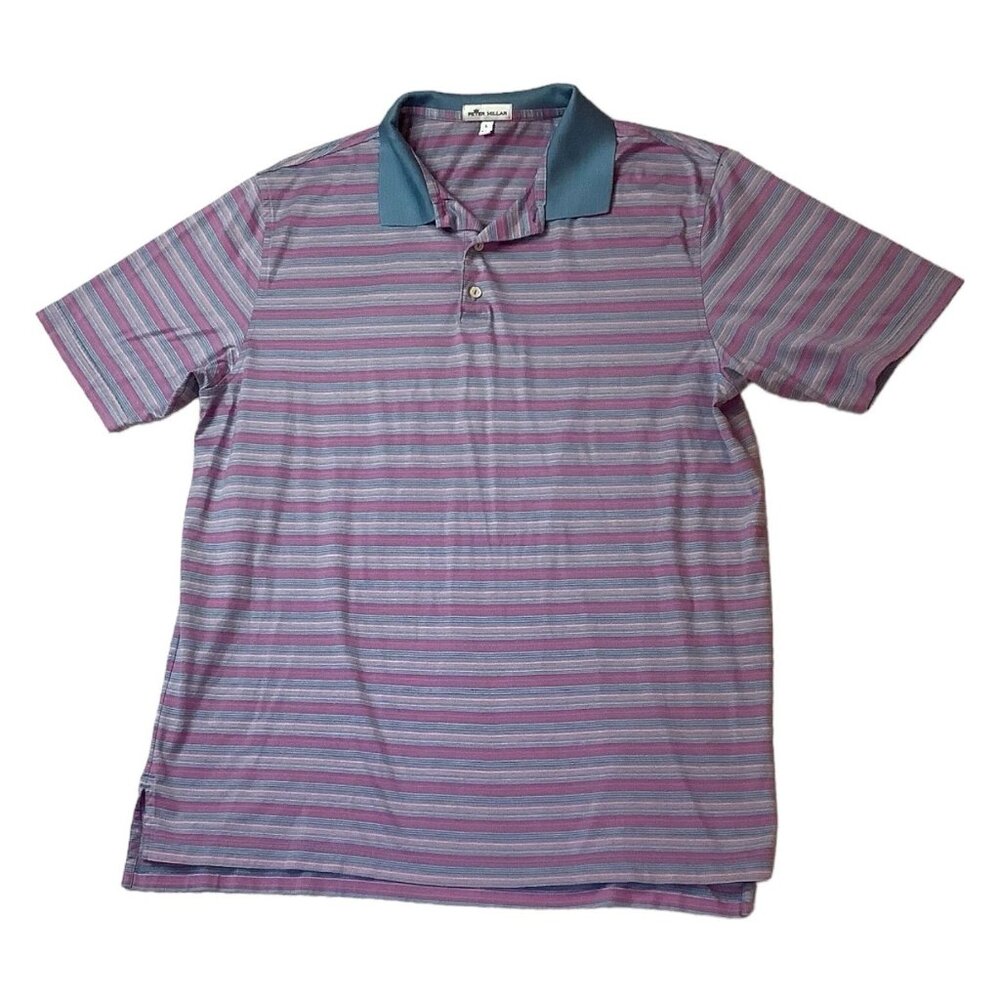Peter Millar Men's Short Sleeve Polo Shirt Golf Purple/Blue Striped Size L